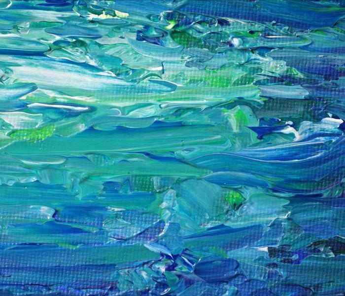 An abstract painting of water with green, white, light blue, and dark blue hues